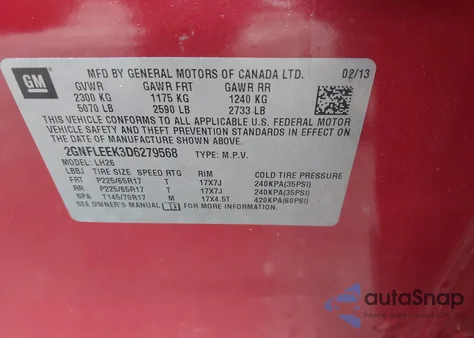 2013 Chevrolet Equinox 1Lt from USA, damaged, VIN 2GNFLEEK3D6279568